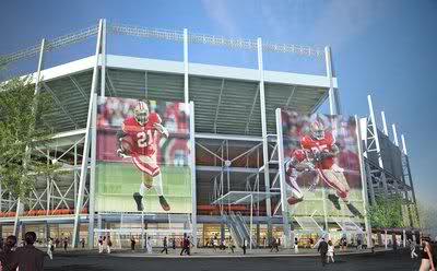 ground level view of proposed new Santa Clara San Francisco 49ers (40 forty niners) stadium showing the large electronic displays